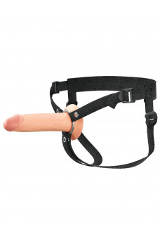 Телесный полый страпон на черных ремнях Hollow Silicone Strap-on - 17,8 см.