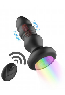 Черная анальная вибропробка с фрикционным механизмом и LED-подсветкой - 12,5 см.